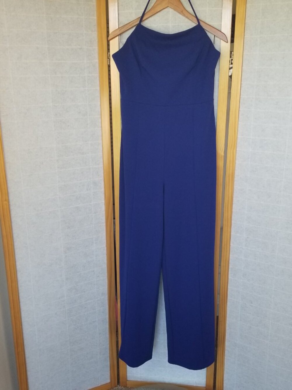 AQUA Halter Wide-Leg Crepe Jumpsuit Cobalt Blue Square Neck Open Back Size XL